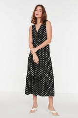 Black Floral Pattern V Neck Sleeveless A-Line Maxi Knitted Dress TWOSS22EL1588 - Swordslife