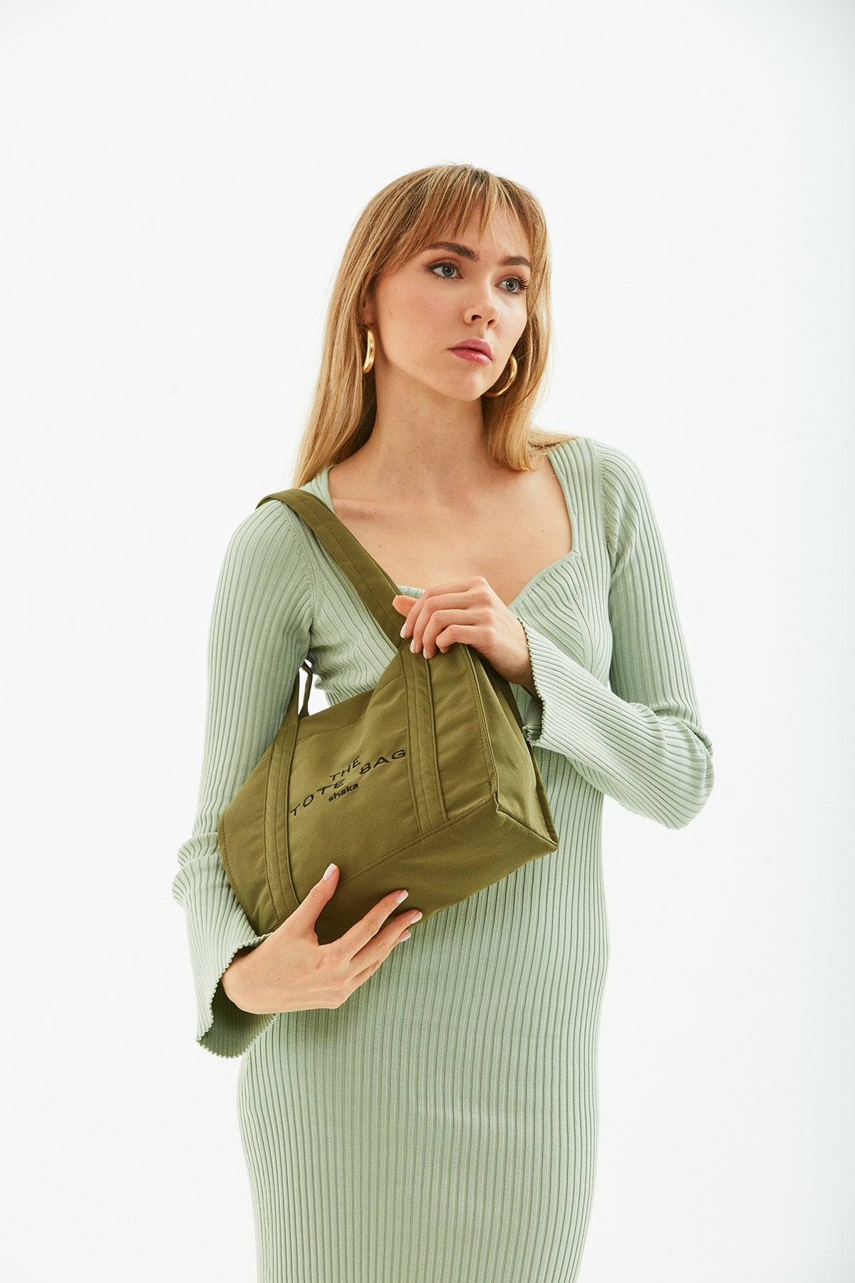 Khaki Green U45 Snap Closure The Tote Bag Embroidered Canvas Fabric Casual Women'S Arm And Shoulder Bag