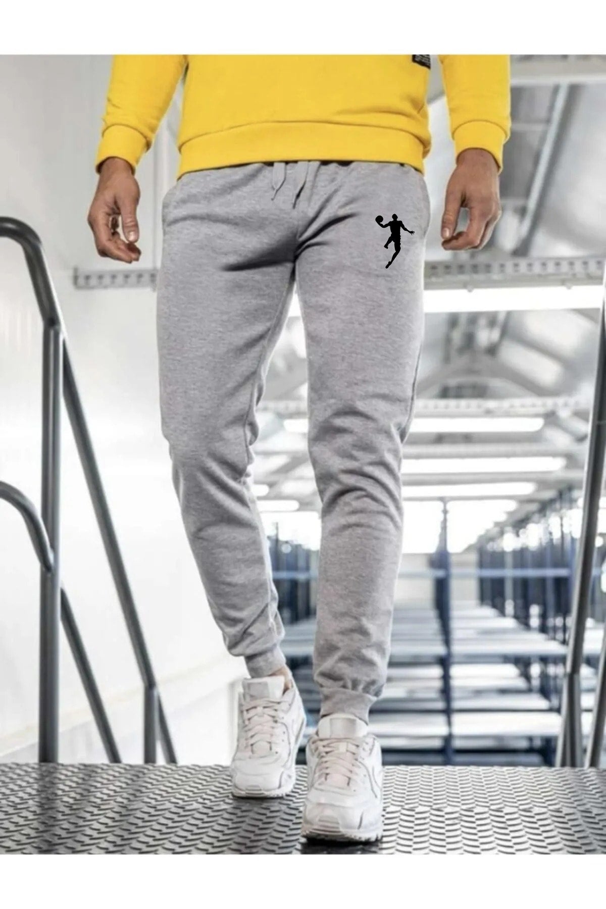 Men'S Gray Sweatpants Slim Fit Slim Fit Jogger Two Thread Printed 01
