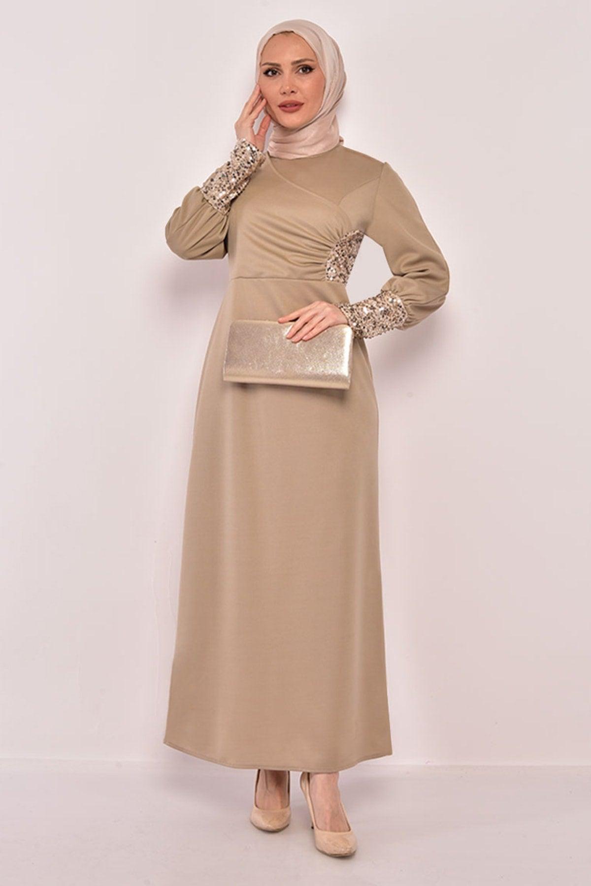 Pearl Detail Evening Dress Mink Asm2553 - Swordslife