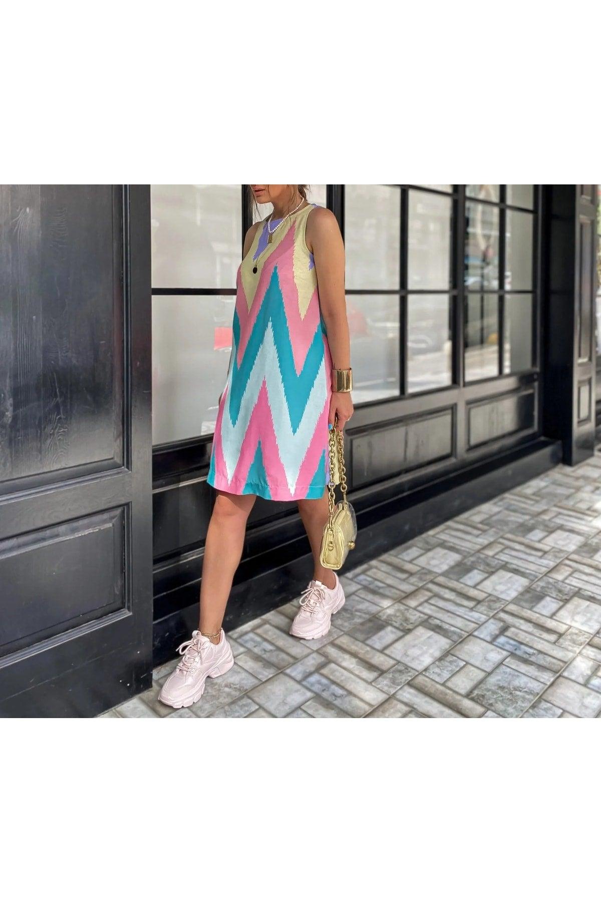 Colorful Zigzag Pattern Sleeveless Linen Bell Dress - Swordslife