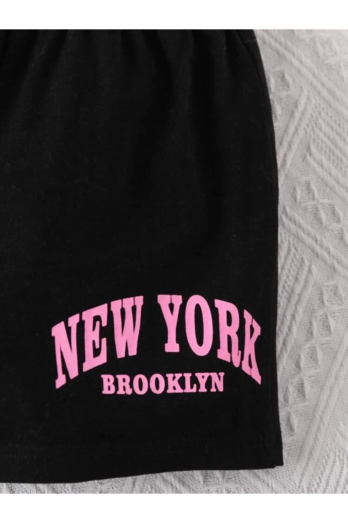 New York Printed Black Top Girls Shorts Set