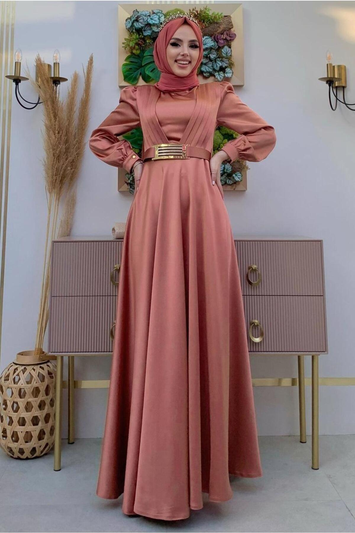 Women's Pink (GÜLKURUSU) Belted Pleated Detailed Satin Evening Dress T 2973 - Swordslife