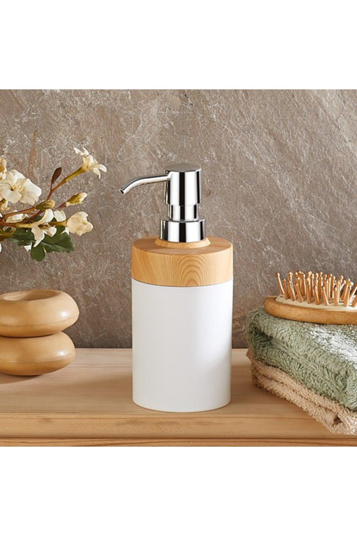 Limpia Bamboo Patterned Bathroom Set of 5 Trash Can Liquid Soap Dispenser Toothbrush Box Bathroom Set White - Swordslife