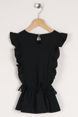 Girl's Black Color Frilly Waist Elastic Detailed T-Shirt
