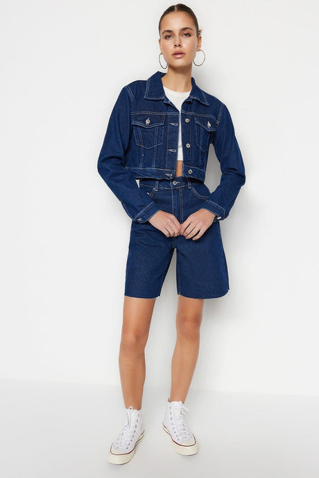 Dark Blue Trucker Crop Denim Jacket TWOSS23CE00033 - Swordslife