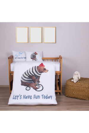 Organic Printed Cotton Satin Baby Duvet Cover Set - Teddy Bear And Cycling Theme