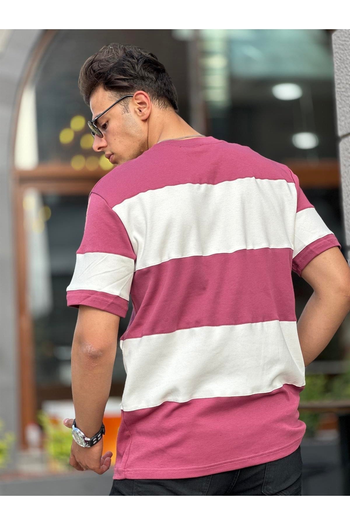 Two Color Short Sleeve T-Shirt Oversize-Fuchsia-White