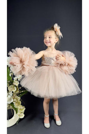 Chiffon Robe Pompom Ärmel Pailletten Mädchen Flauschigen Rock Tüll Abendkleid Pulver
