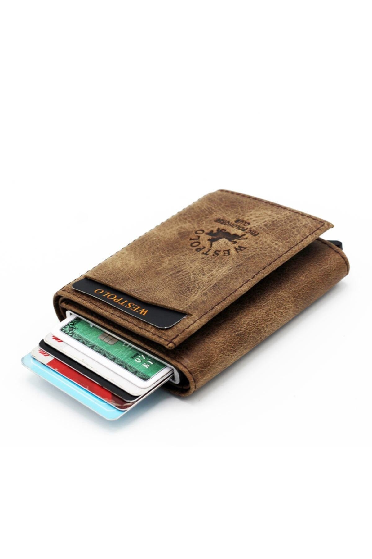 Men'S Brown Genuine Leather Mechanism Wallet Card Holder