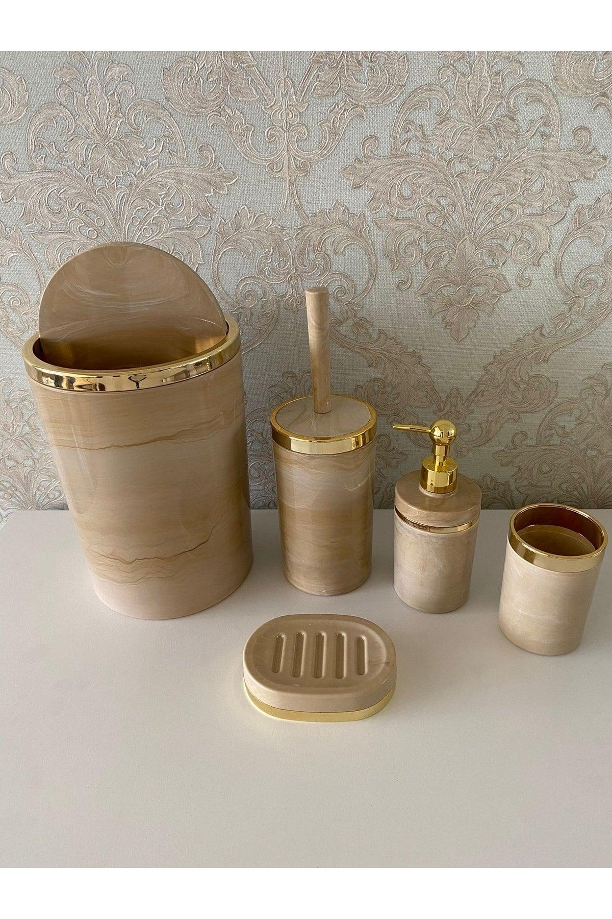 Piece Marble Pattern Cream Bath Set / Wc Brush Holder, Liquid - Solid Soap Dispenser, Trash Can, Toothbrush Holder - Swordslife