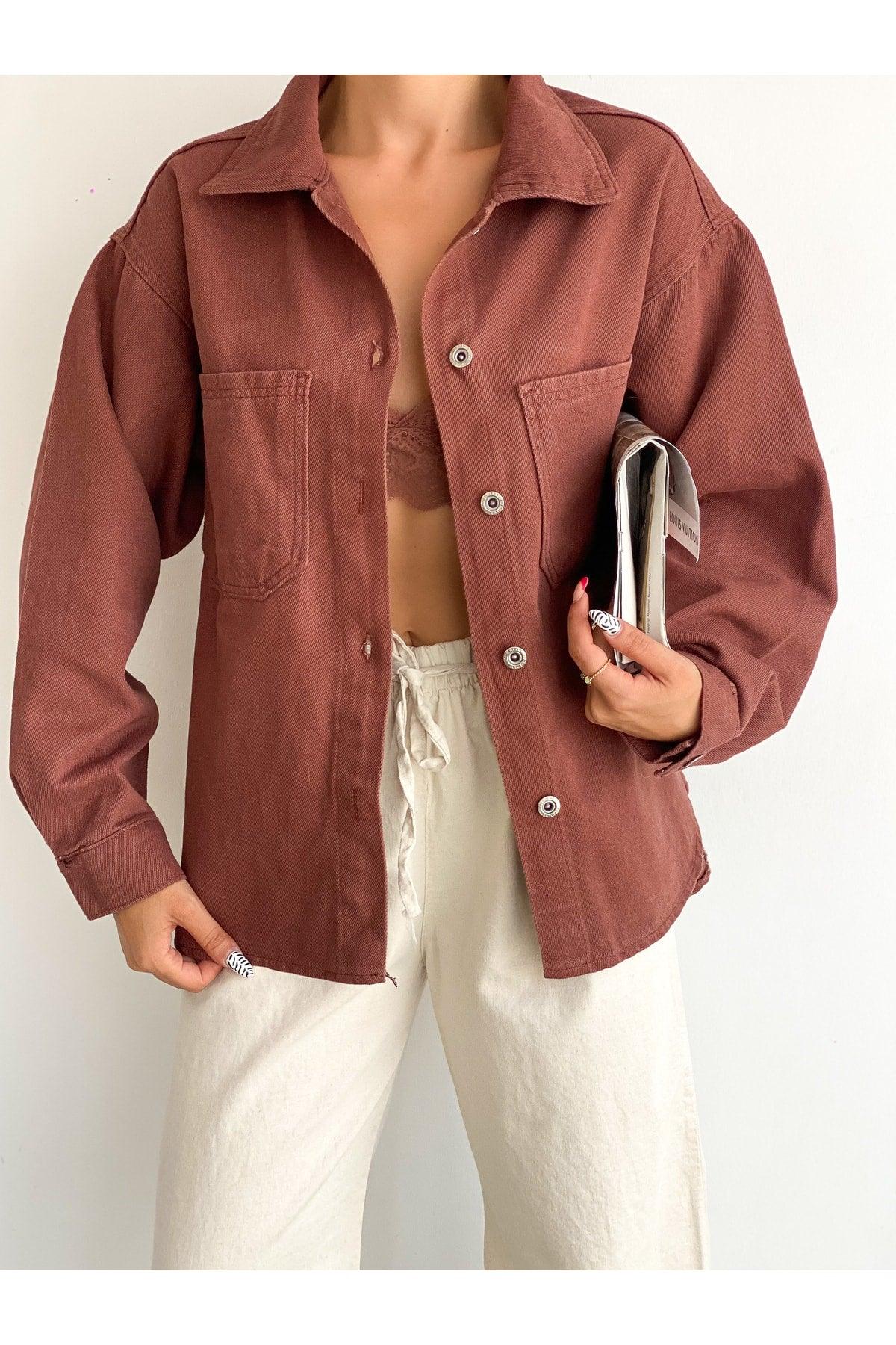 Women's Oversize Long Sleeve Double Pocket Jacket Shirt Brown - Swordslife