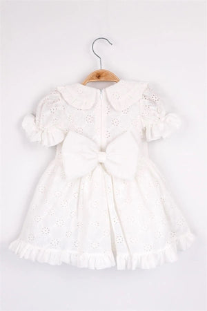 White Short Sleeve Baby Collar Back Ribbon Lined Scalloped Girl Special Occasion Birthday Dress