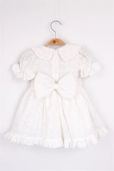 White Short Sleeve Baby Collar Back Ribbon Lined Scalloped Girl Special Occasion Birthday Dress