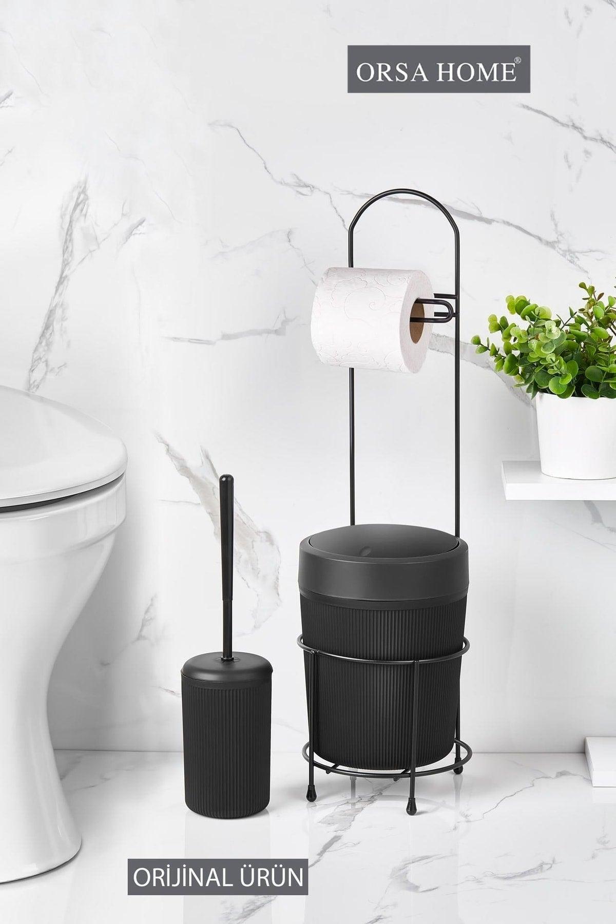 Black Round Bucket Wc Paper Holder And Toilet Brush Set - Swordslife