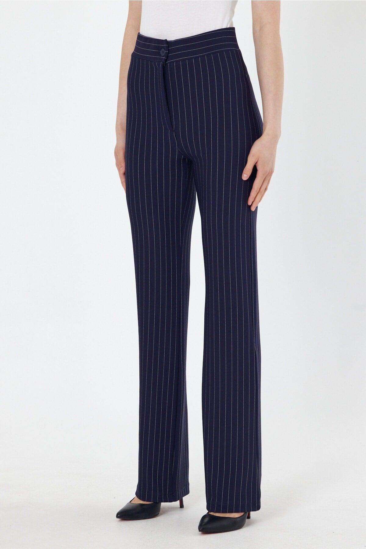 Women's Striped Navy Blue High Waist Gatherer Spanish Leg Palazzo Trousers - Swordslife