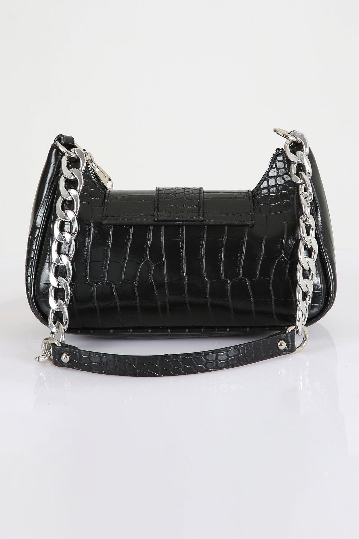 Crocodile Patterned Black Handbag with Bony Staples
