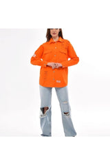 Women's Orange Boyfriend Oversize Worn Denim Jeans Denim Jacket - Swordslife