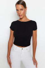 Black Crop Cotton Stretch Knitted Blouse With Low Back TWOSS23BZ00912 - Swordslife