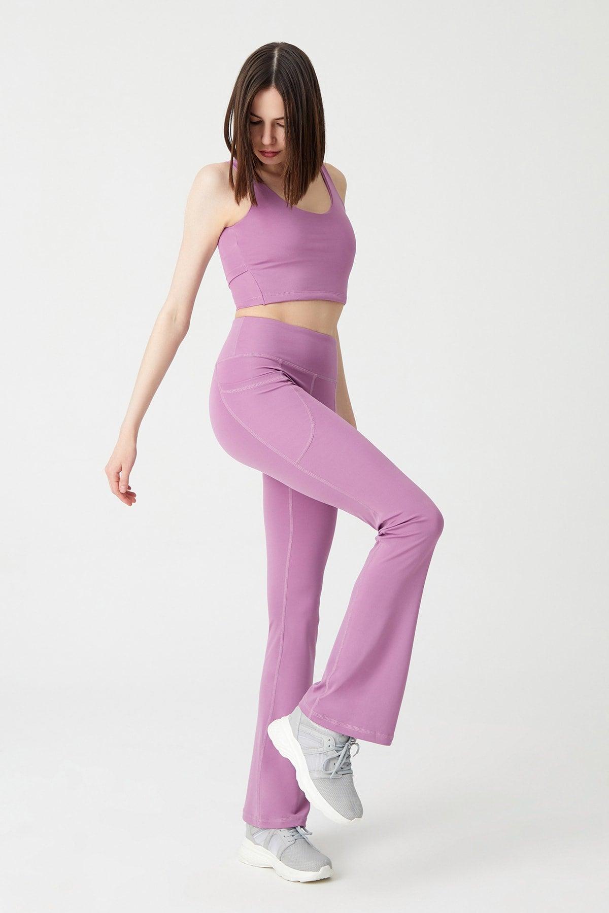 Women's Lavender High Waist Gatherer Double Pocket Spanish Leg Leggings Bootcut - Swordslife