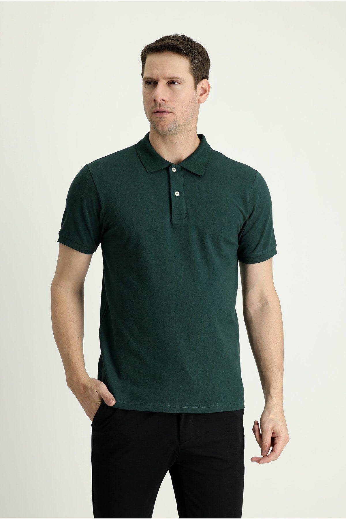 Men's Green Polo Neck Slim Fit Embroidered T-Shirt