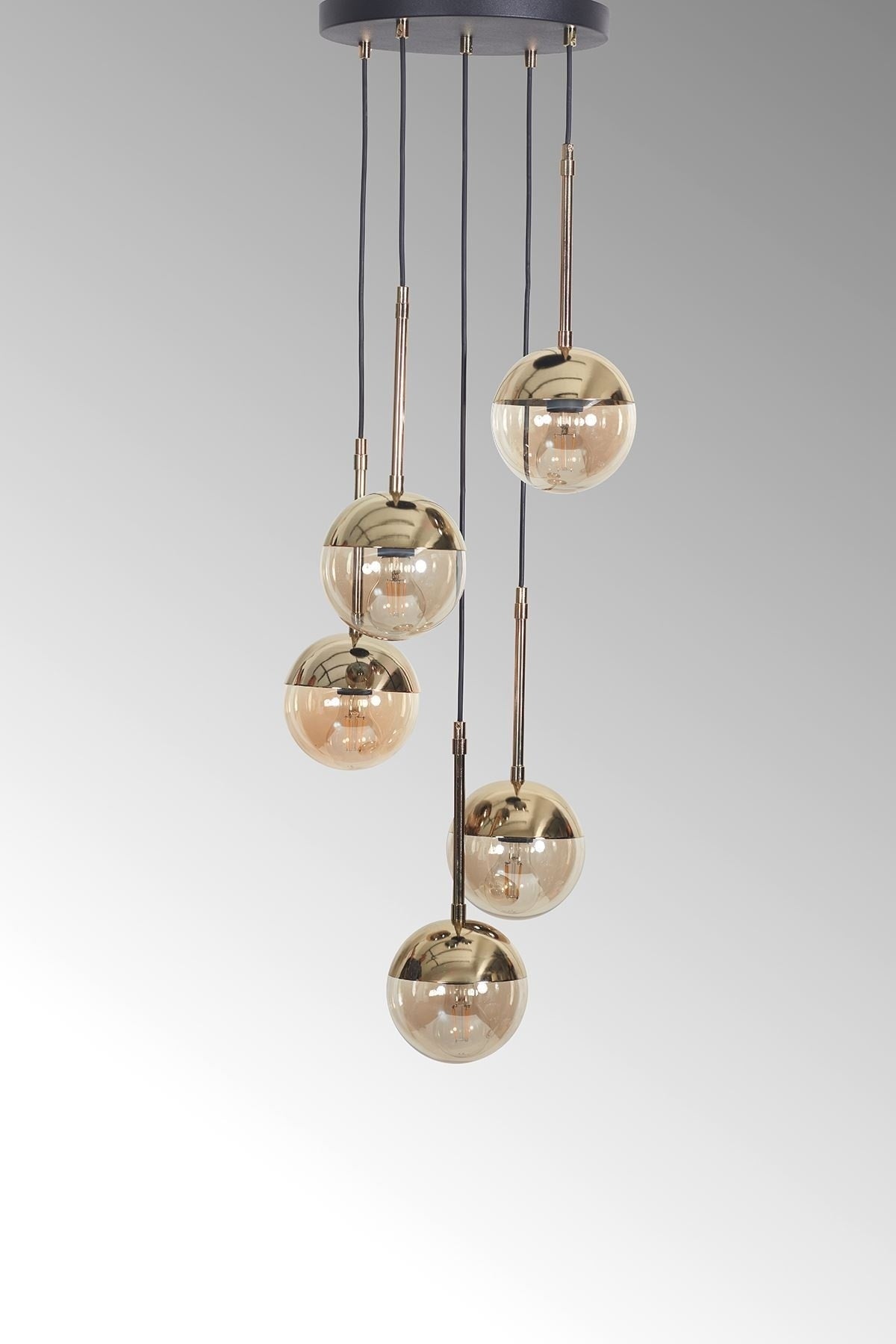 Nova 5 Li Gold-Black Metal Body Design Luxury Pendant Lamp Chandelier With Honey Colored Glass