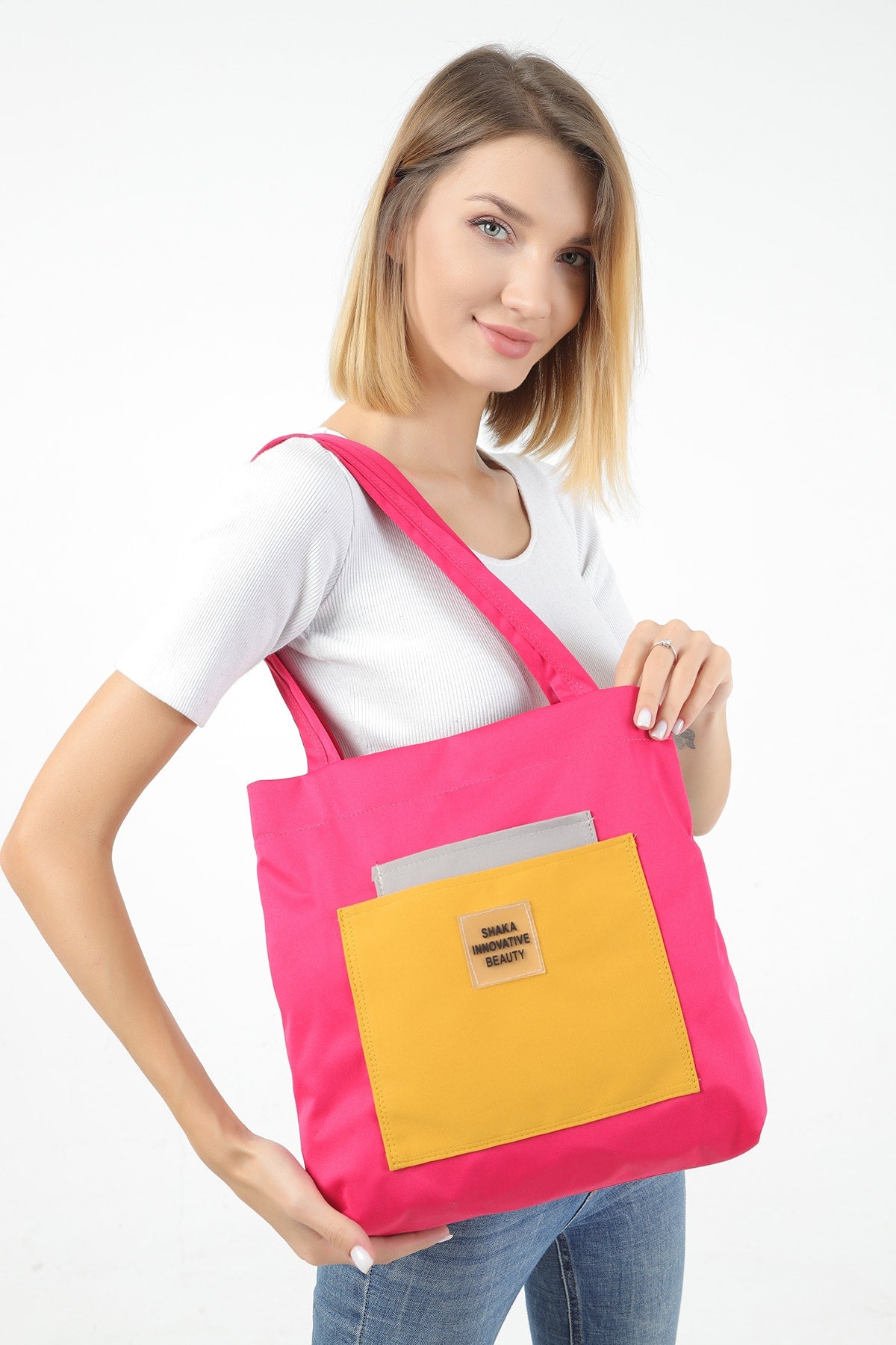 Fuchsia/Gray/Mustard U22 3-Compartment Front 2 Pocket Detailed Canvas Fabric Daily Women'S Arm And Shoulder Bag B:35 E