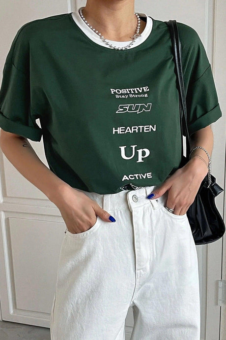 Unisex Green Collar White Positive Oversize T-shirt Shoulder Tee - Swordslife
