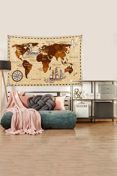 Beige-brown World Map Patterned Stain Resistant Velvet Fabric Wall Covering Wall Carpet Tapestry - Swordslife