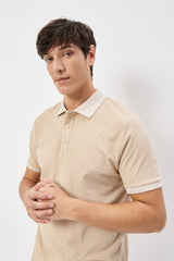  Мужская безусадочная хлопчатобумажная ткань Slim Fit Slim Fit светло-бежевая футболка с воротником-поло с защитой от скатывания