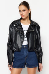 Faux Leather Oversize Trocked Biker Jacket Coat TWOSS23MO00083 - Swordslife