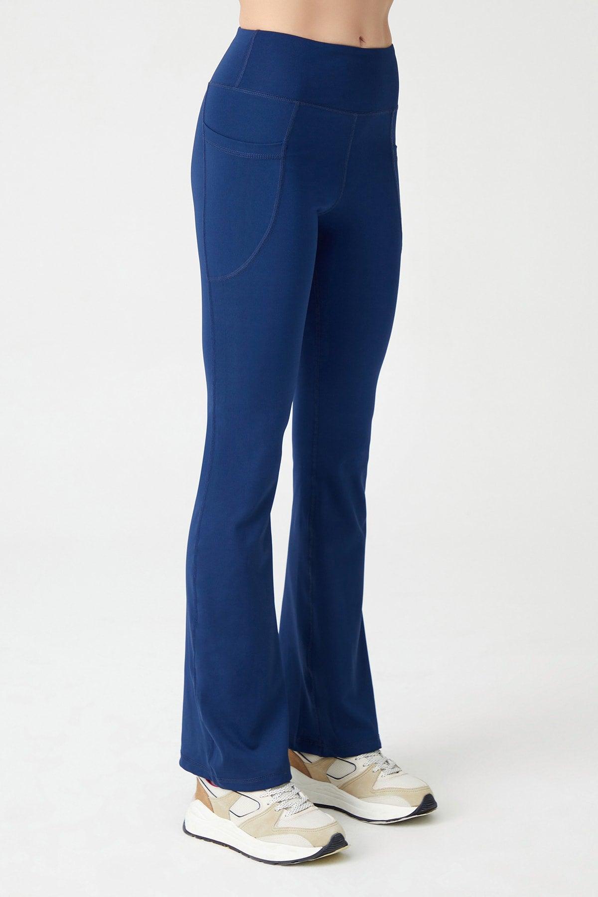 Women's Navy Blue High Waist Gatherer Double Pocket Spanish Leg Leggings Bootcut - Swordslife