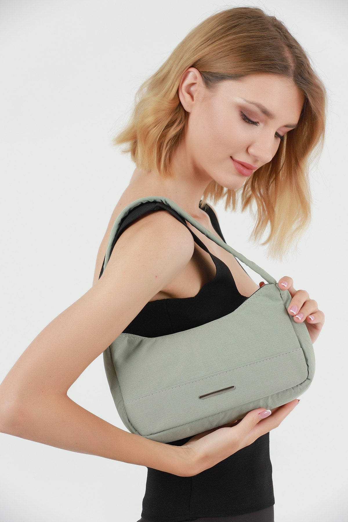 Green U26 Single Zipper Section Canvas Fabric Women'S Daily Baguette Hand And Shoulder Bag U:13 E:25 G:6