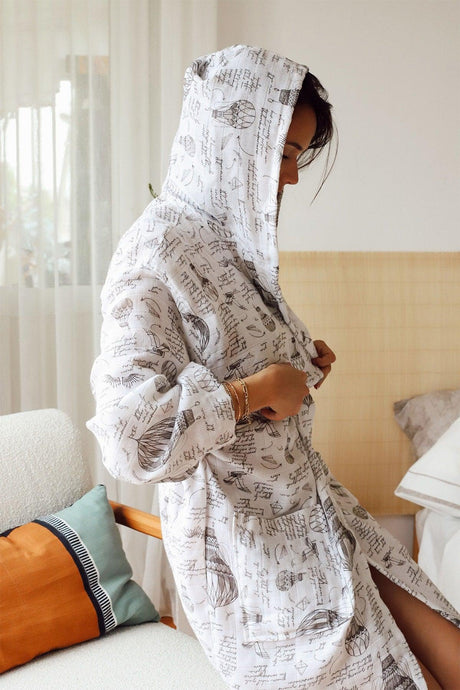 Adult Patterned Muslin Bathrobe, Special Design 100% Cotton 2 Layers Double Sided Hooded - Swordslife