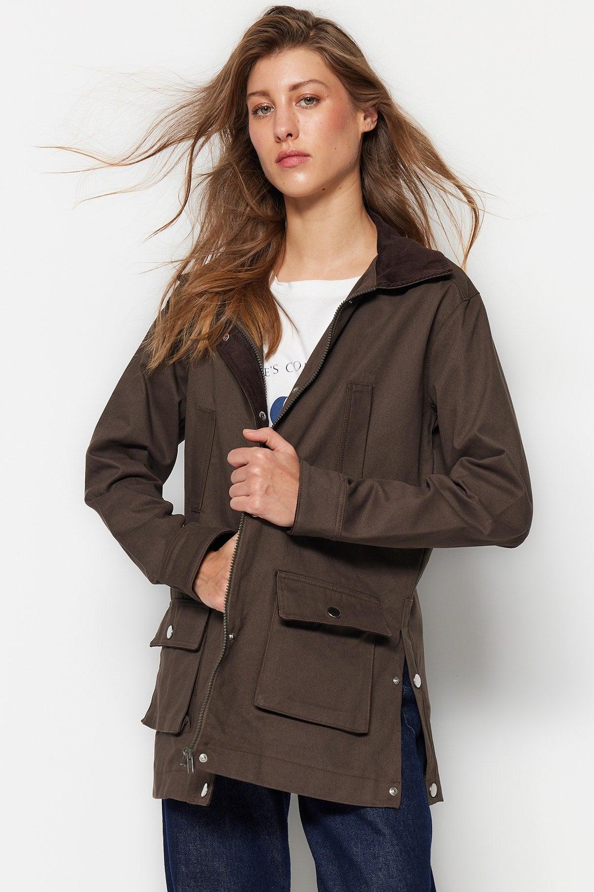 Dark Khaki Velvet Collar Jacket Coat TWOSS23MO00013 - Swordslife