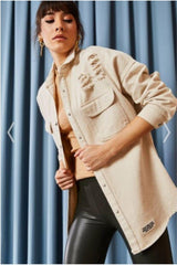 Women's Beige Boyfriend Oversize Worn Denim Jeans Denim Jacket (IMPORTANT TO READ THE DESCRIPTION!) - Swordslife