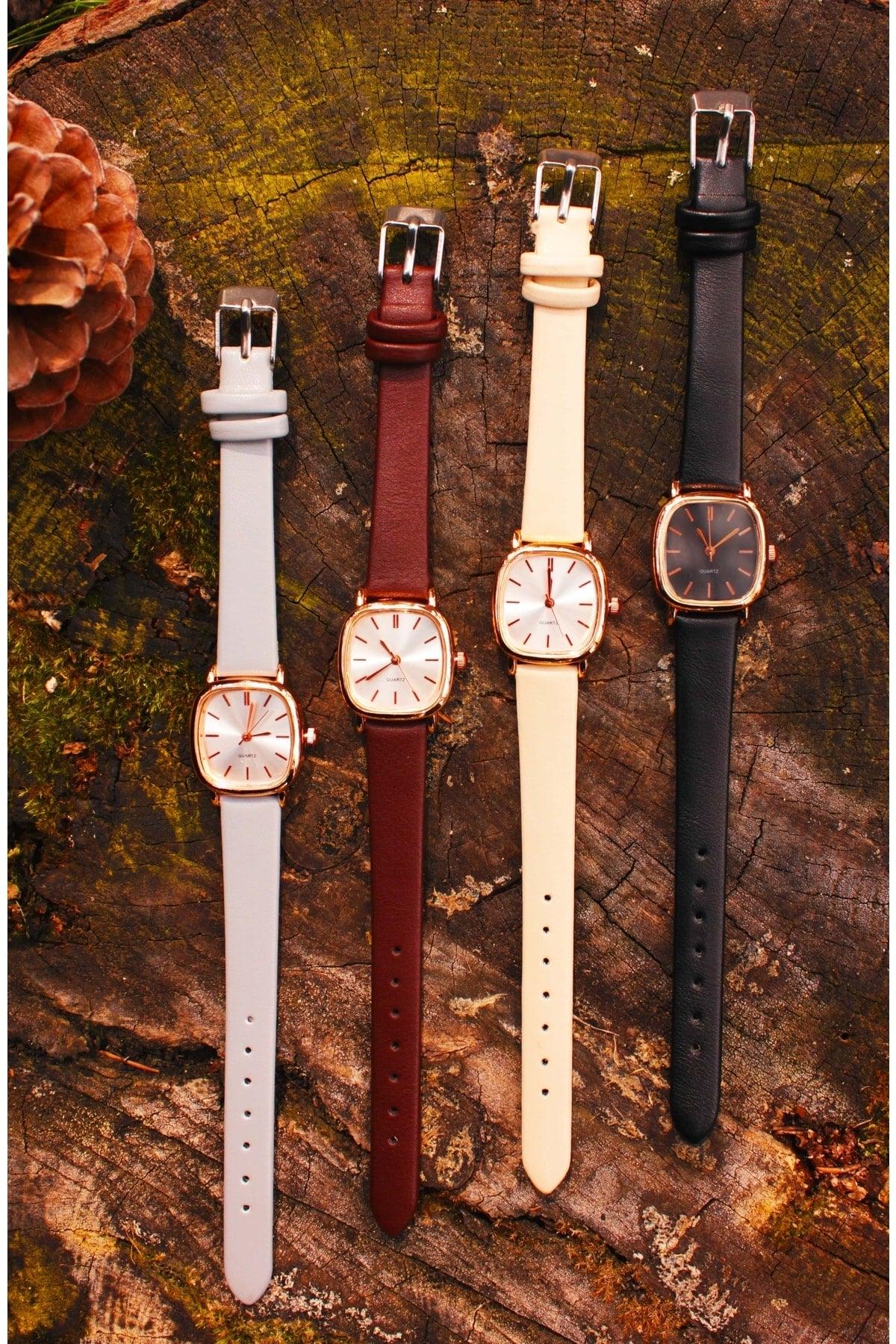 Beige Colored Leather Band Retro Minimal Women's Wristwatch - Swordslife