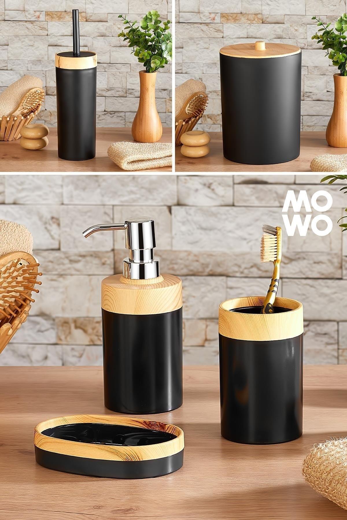 Dona Wooden Patterned 5 Pcs Bathroom Set Black, (Liquid and Solid Soap Dispenser, Toothbrush Holder, Trash Can, Wc Brush) - Swordslife