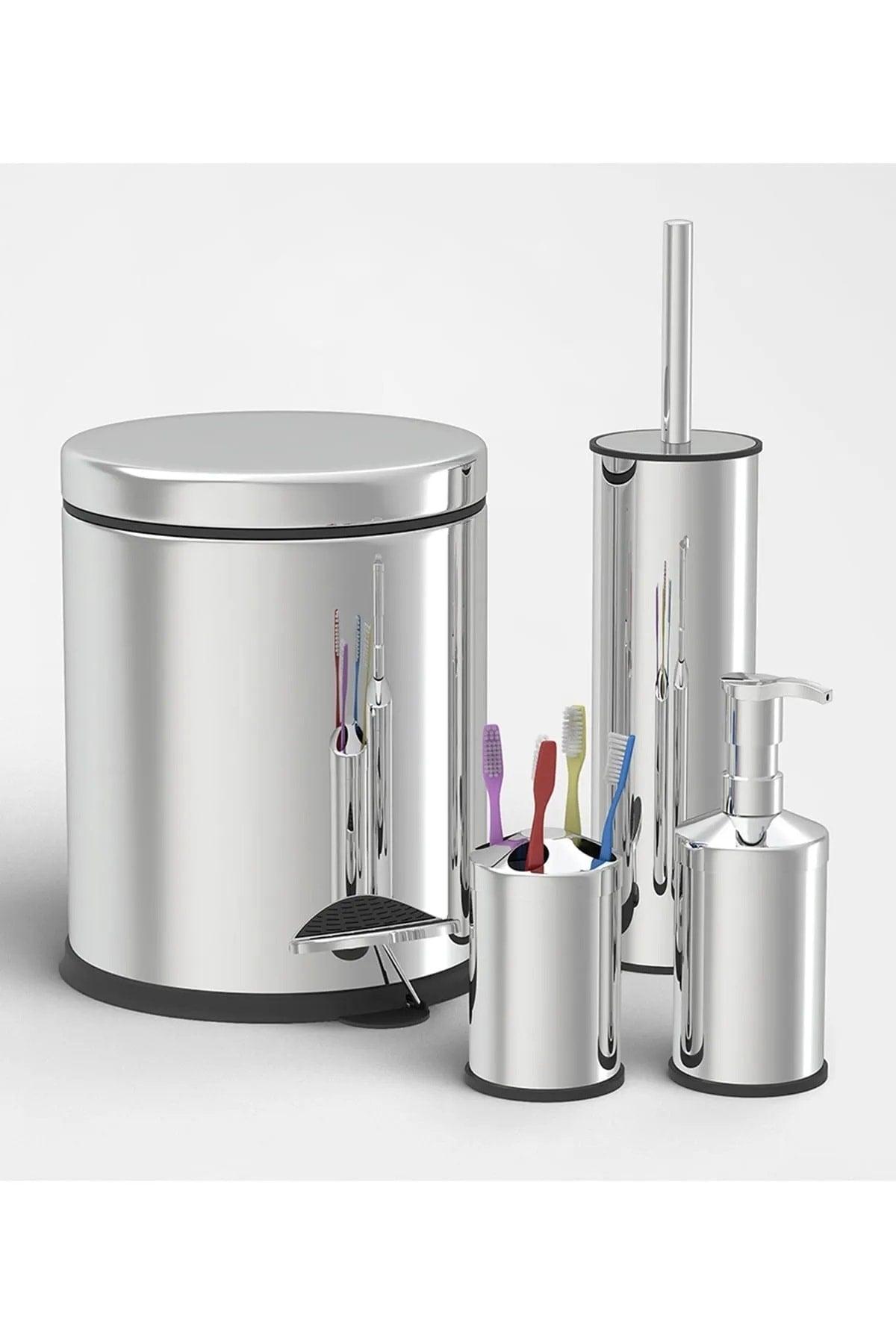 Stainless Set of 4 3 Liter Pedal Dustbin Wc Closet Toilet Brush Soap Dispenser Toothbrush Set - Swordslife