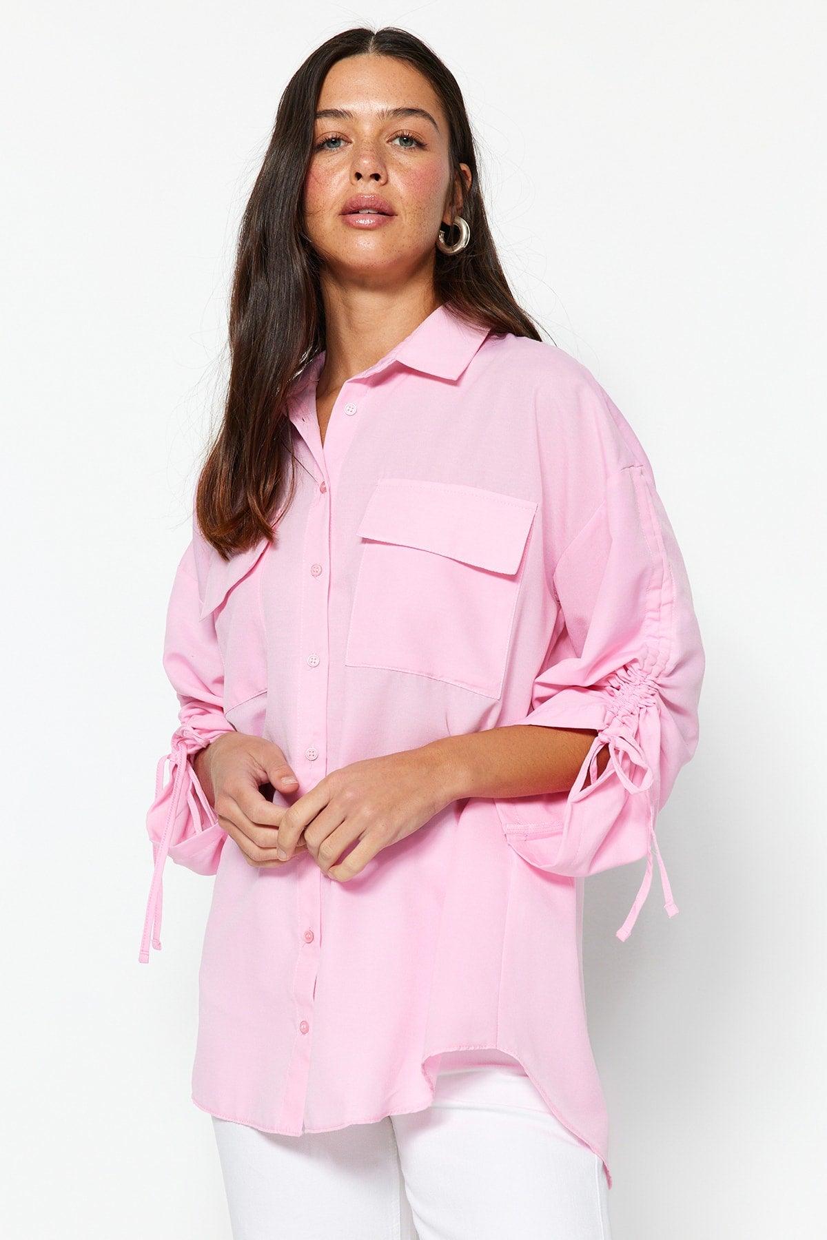 Light Pink Sleeves Adjustable Ruffle Detailed Woven Cotton Shirt TCTSS23TG00011 - Swordslife