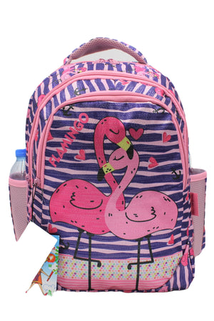 Sim Flamingo gemusterter dunkelvioletter Rucksack für Mädchen, Grundschultasche, Set mit Lunchbox und Stifthalter