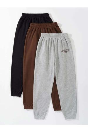 3er-Pack Jogger-Sweatpants mit minimalem Aufdruck – Schwarz, Grau und Braun, elastisches Bein, hohe Taille, Sommer
