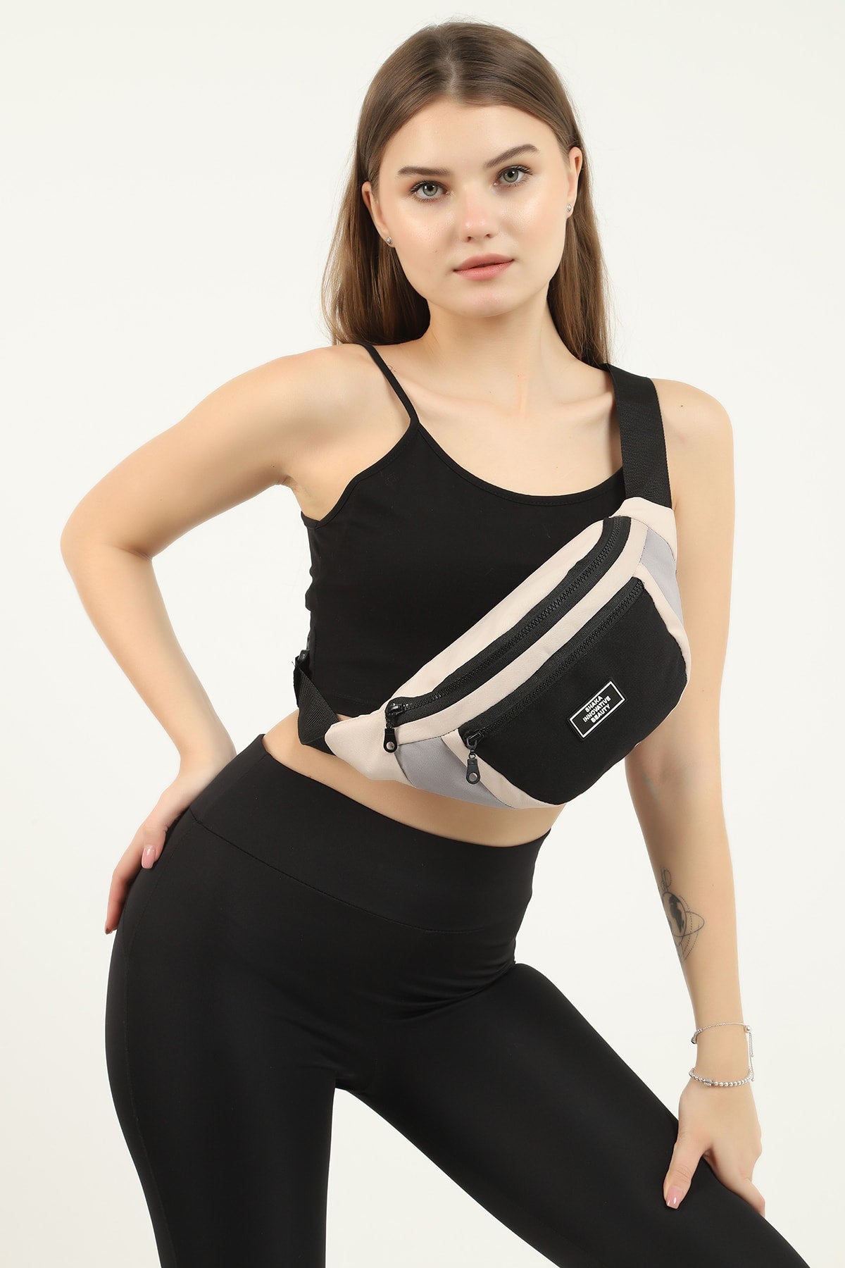 Cream/Gray/Black U8 2-Compartment Adjustable Cross Strap Canvas Unisex Waist And Shoulder Bag E:38 B:17