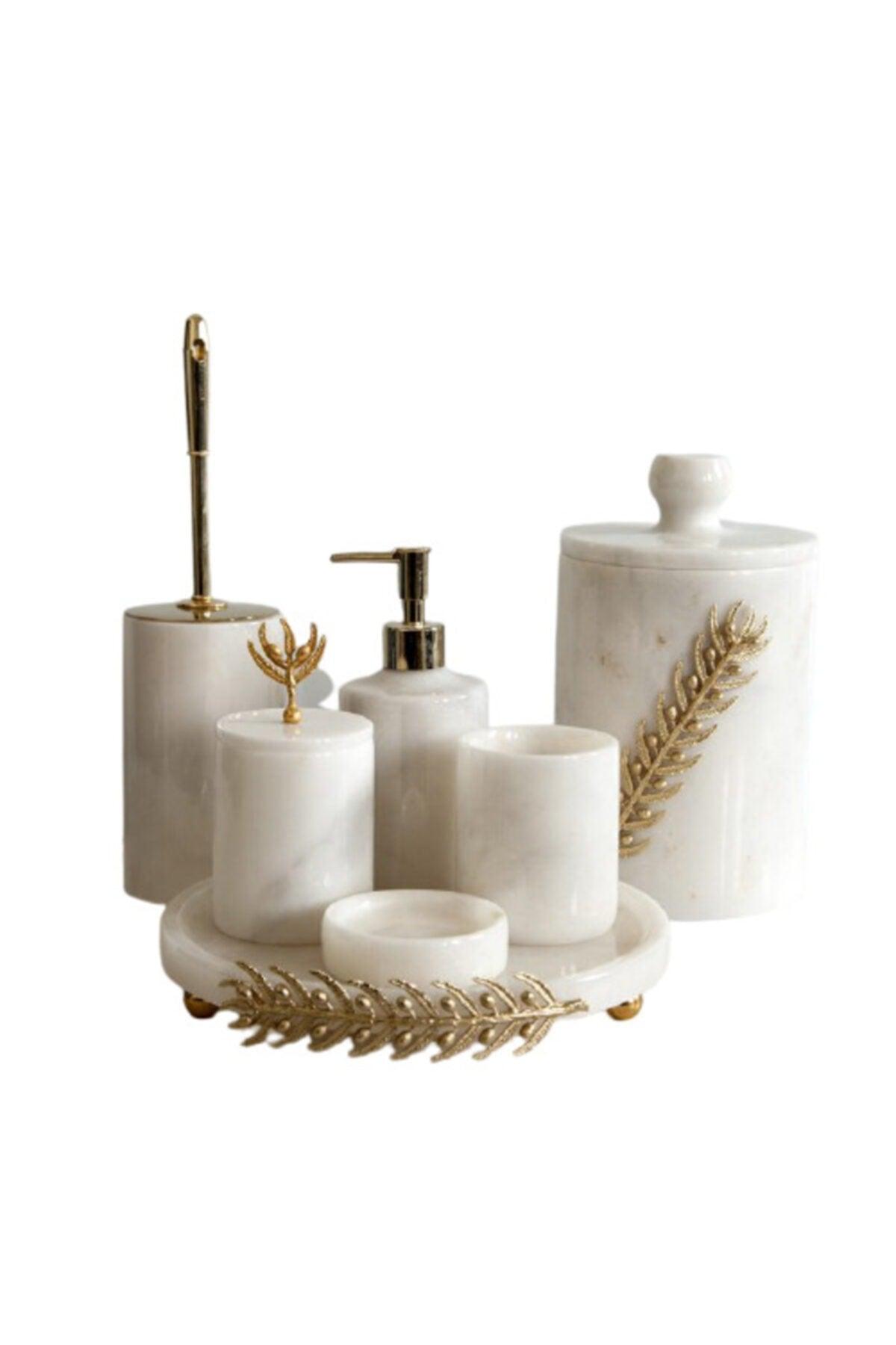 Decorative White Marble Gold Olive Branch Detailed 7 Pcs Bathroom Set Set - Swordslife