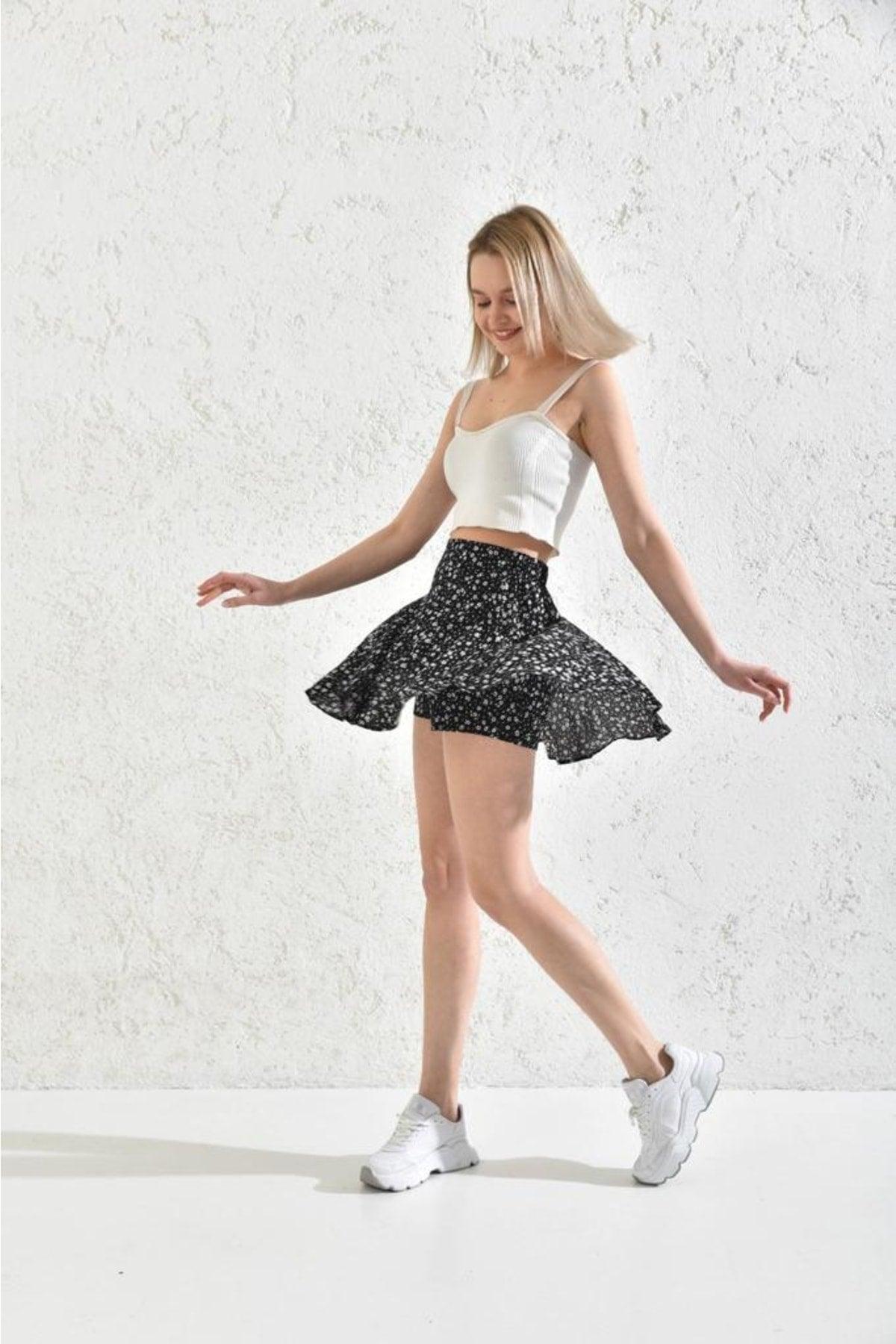 Summer Mini Short Shorts Skirt Soft Woven Viscose Printed High Waist, Elastic Back Waist - Swordslife