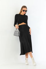 Black Viscose Satin Midi Skirt - Swordslife