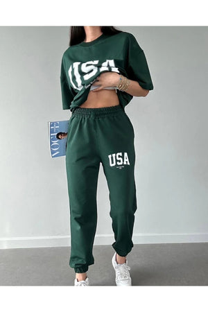 Usa T-Shirt Sweatpants Jogger- Green Printed Bottom Top Tracksuit Suit Oversize Crew Neck