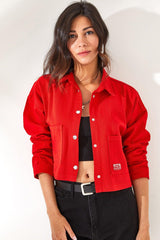 Women's Red Double Pocket Crop Denim Jacket CKT-19000345 - Swordslife
