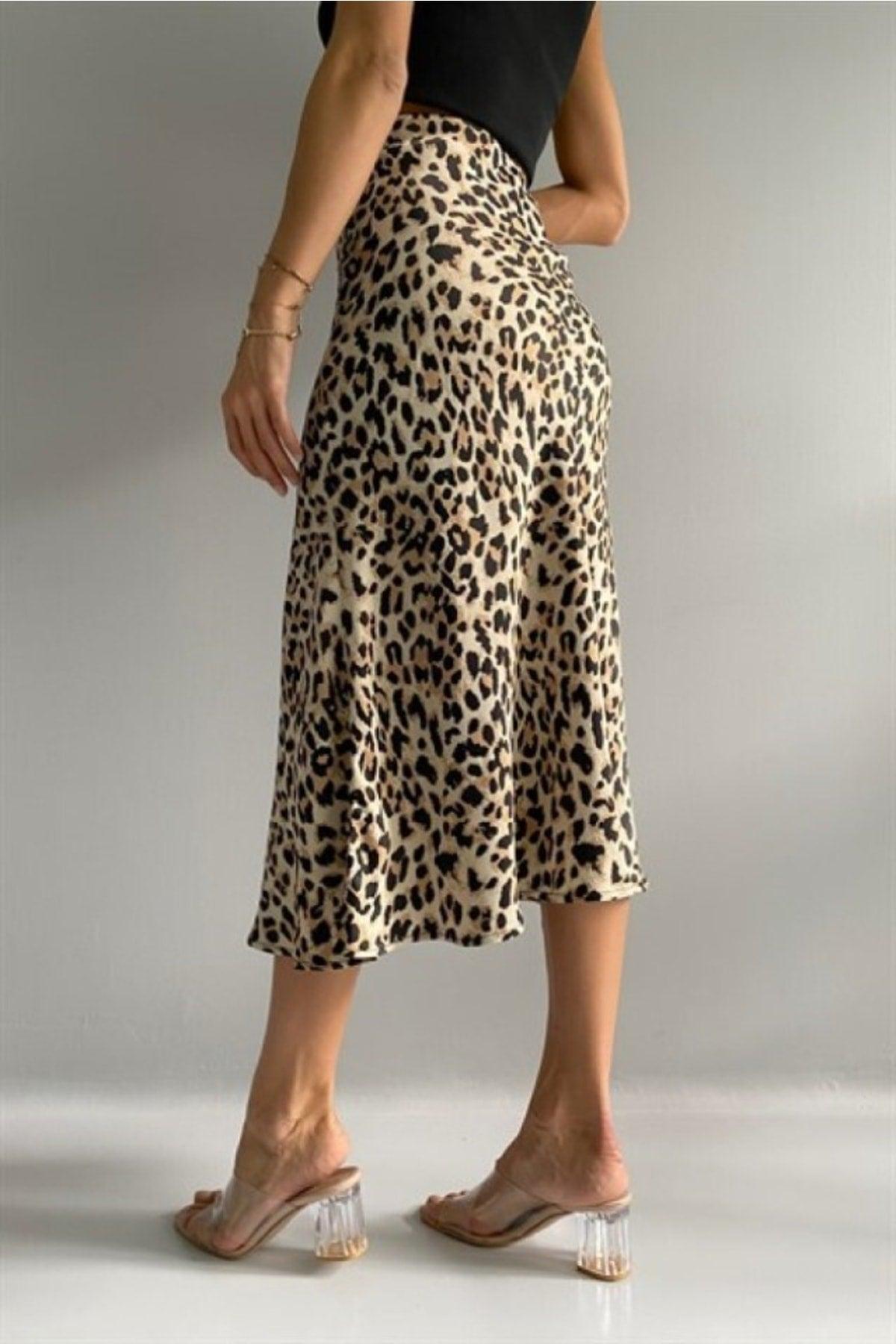 Summer Leopard Pattern Satin Midi Skirt - Patterned - Swordslife