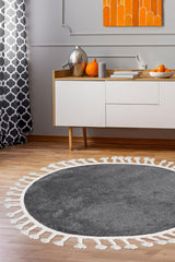 Dinarsu Tasseled Single Round Post Plush Carpet Non-Slip Base Anthracite Fringed 100 Cm - Swordslife